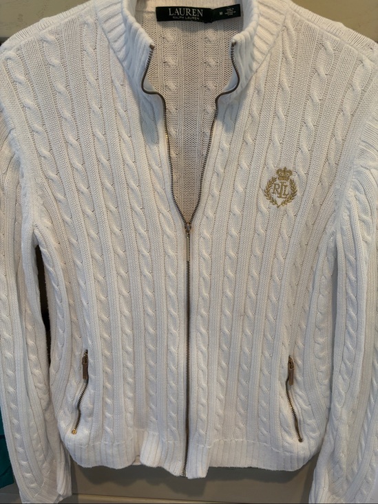 Ralph Lauren Sweaters - Vintage Lauren Ralph Lauren White Cable With Gold Crest Zip-Up Sweater
